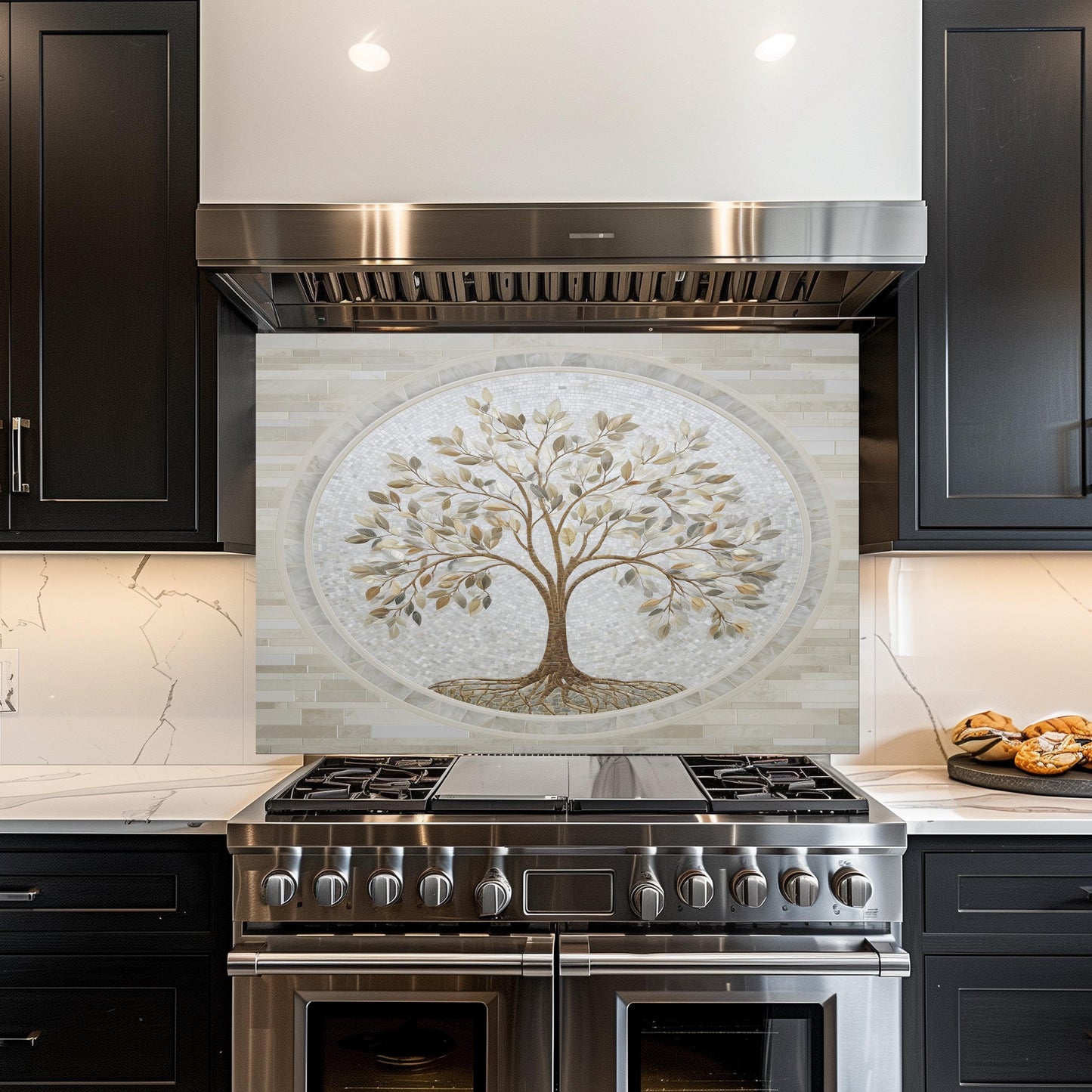 Glass Backsplash for Kitchen, Easy Clean Tempered Glass Panel, Tree of Life Marble Mosaic
