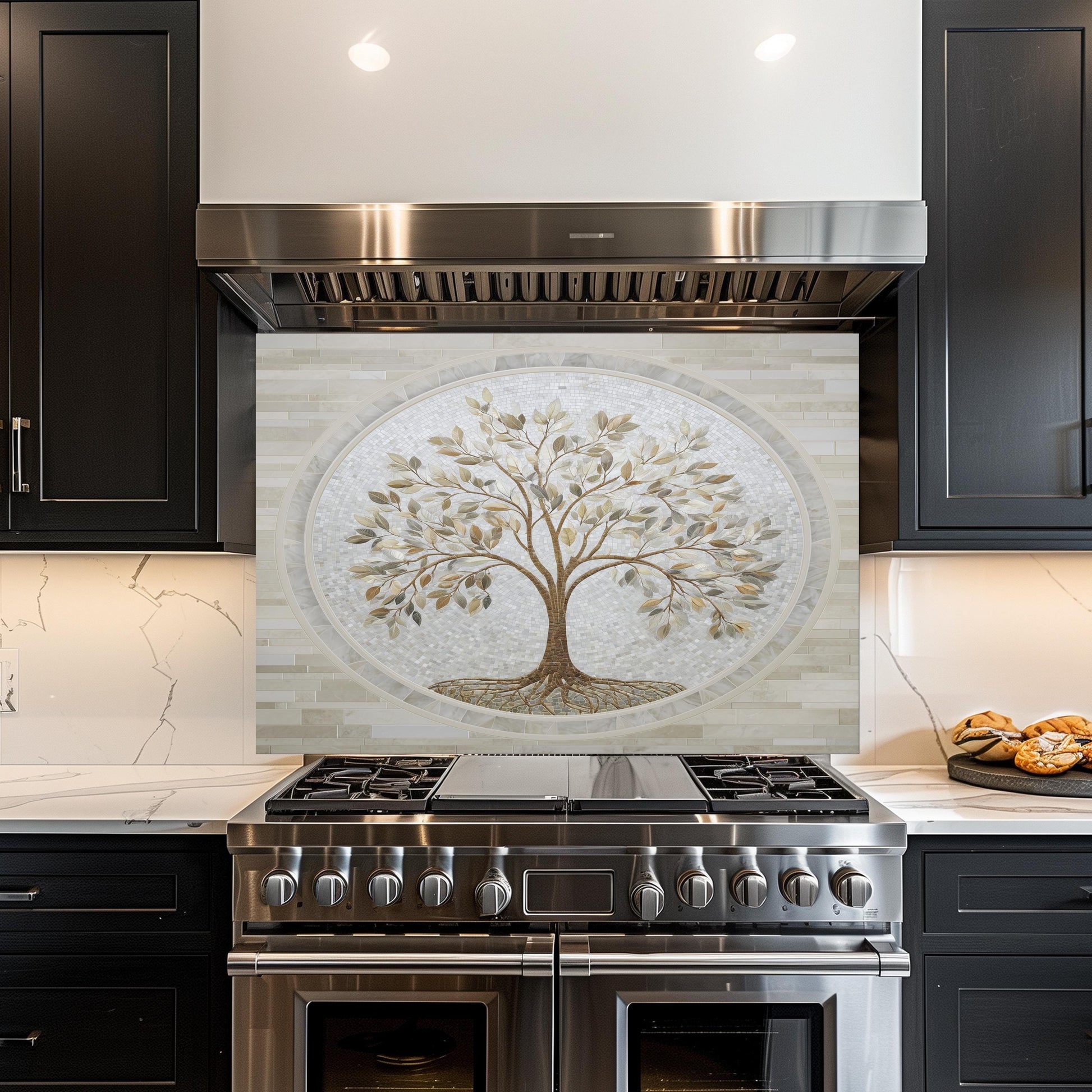 Glass Backsplash for Kitchen, Easy Clean Tempered Glass Panel, Tree of Life Marble Mosaic