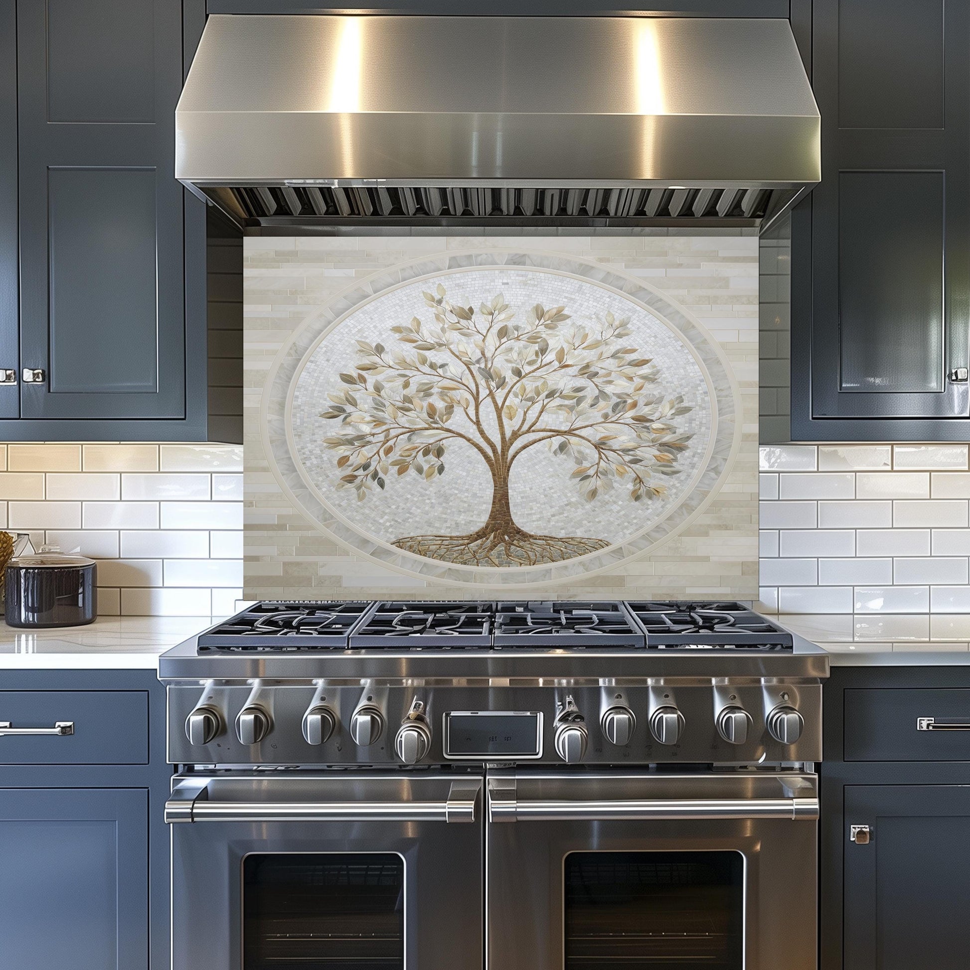 Glass Backsplash for Kitchen, Easy Clean Tempered Glass Panel, Tree of Life Marble Mosaic