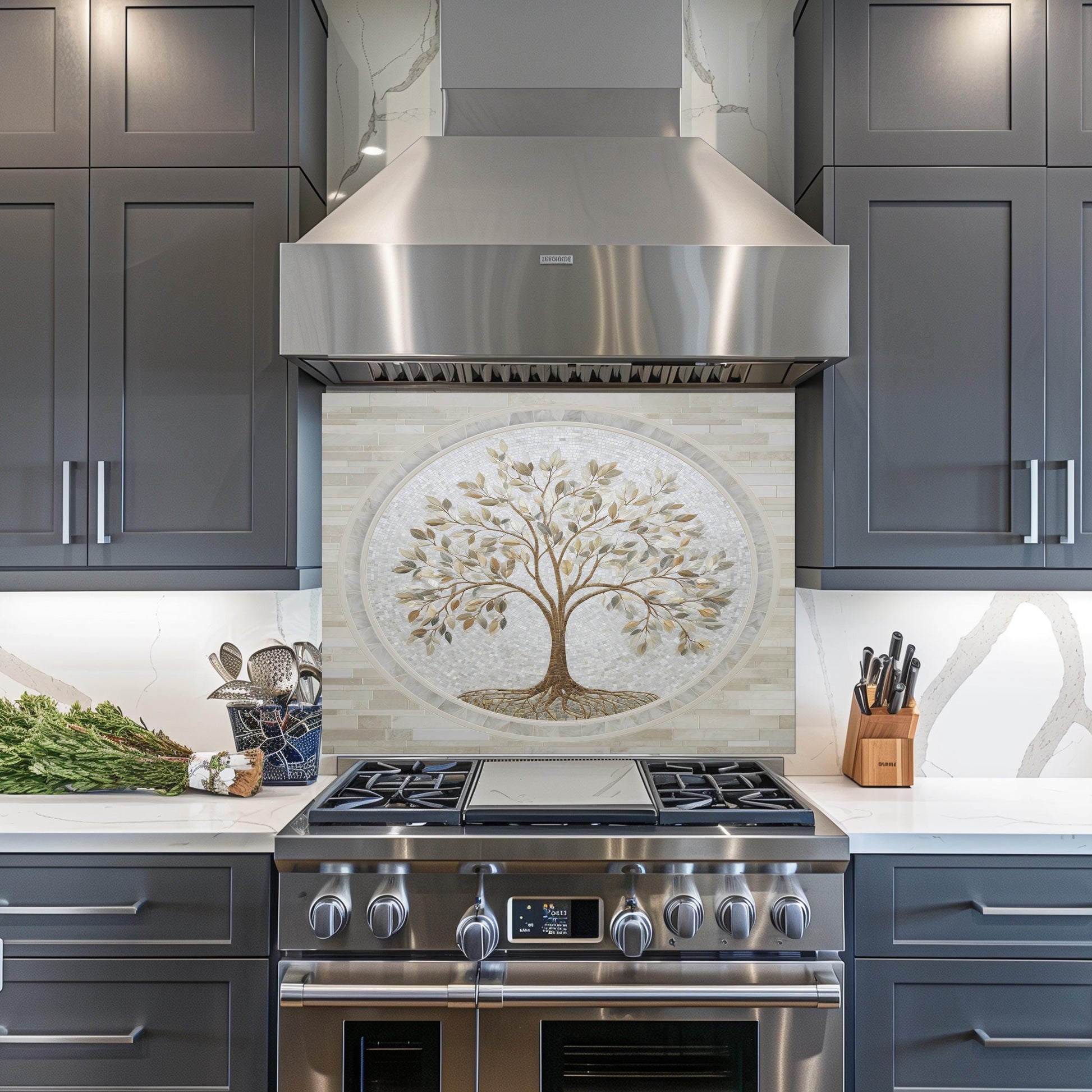 Glass Backsplash for Kitchen, Easy Clean Tempered Glass Panel, Tree of Life Marble Mosaic