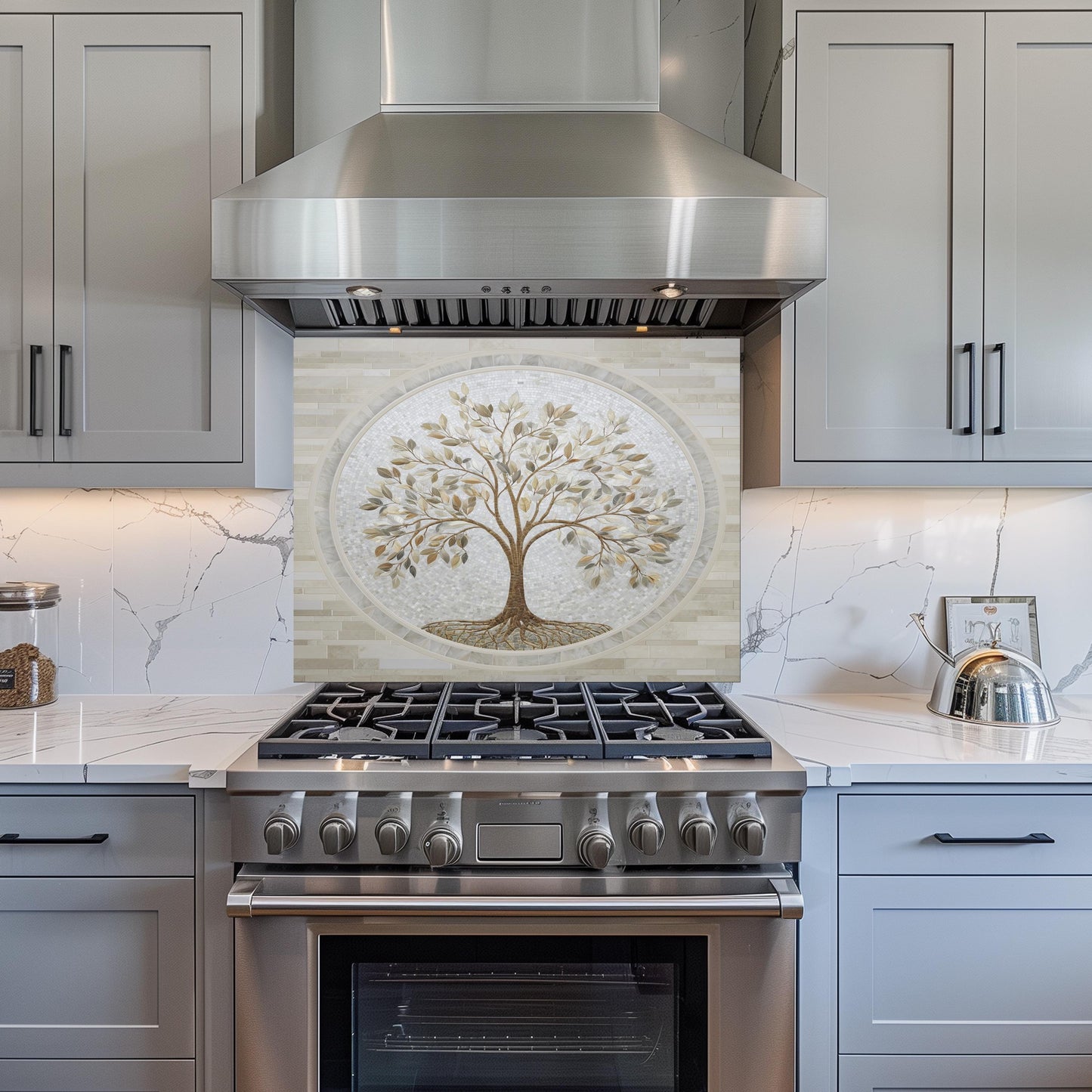 Glass Backsplash for Kitchen, Easy Clean Tempered Glass Panel, Tree of Life Marble Mosaic