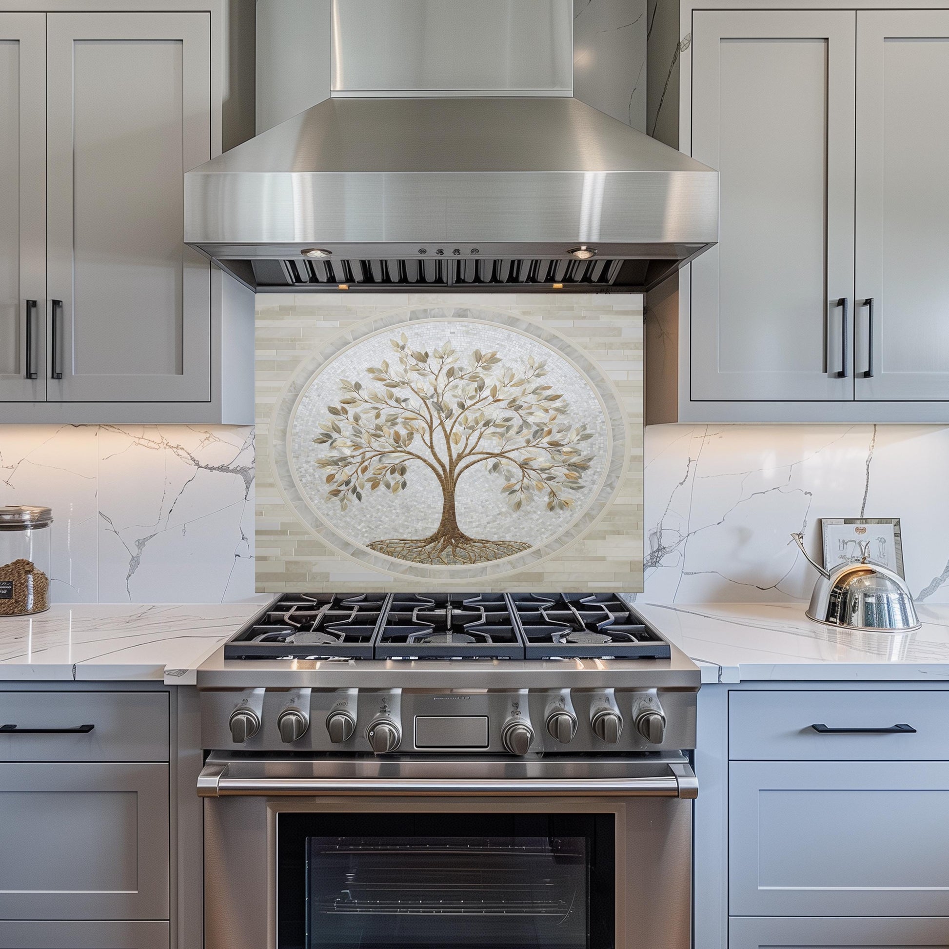 Glass Backsplash for Kitchen, Easy Clean Tempered Glass Panel, Tree of Life Marble Mosaic