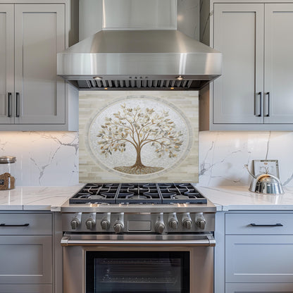 Glass Backsplash for Kitchen, Easy Clean Tempered Glass Panel, Tree of Life Marble Mosaic