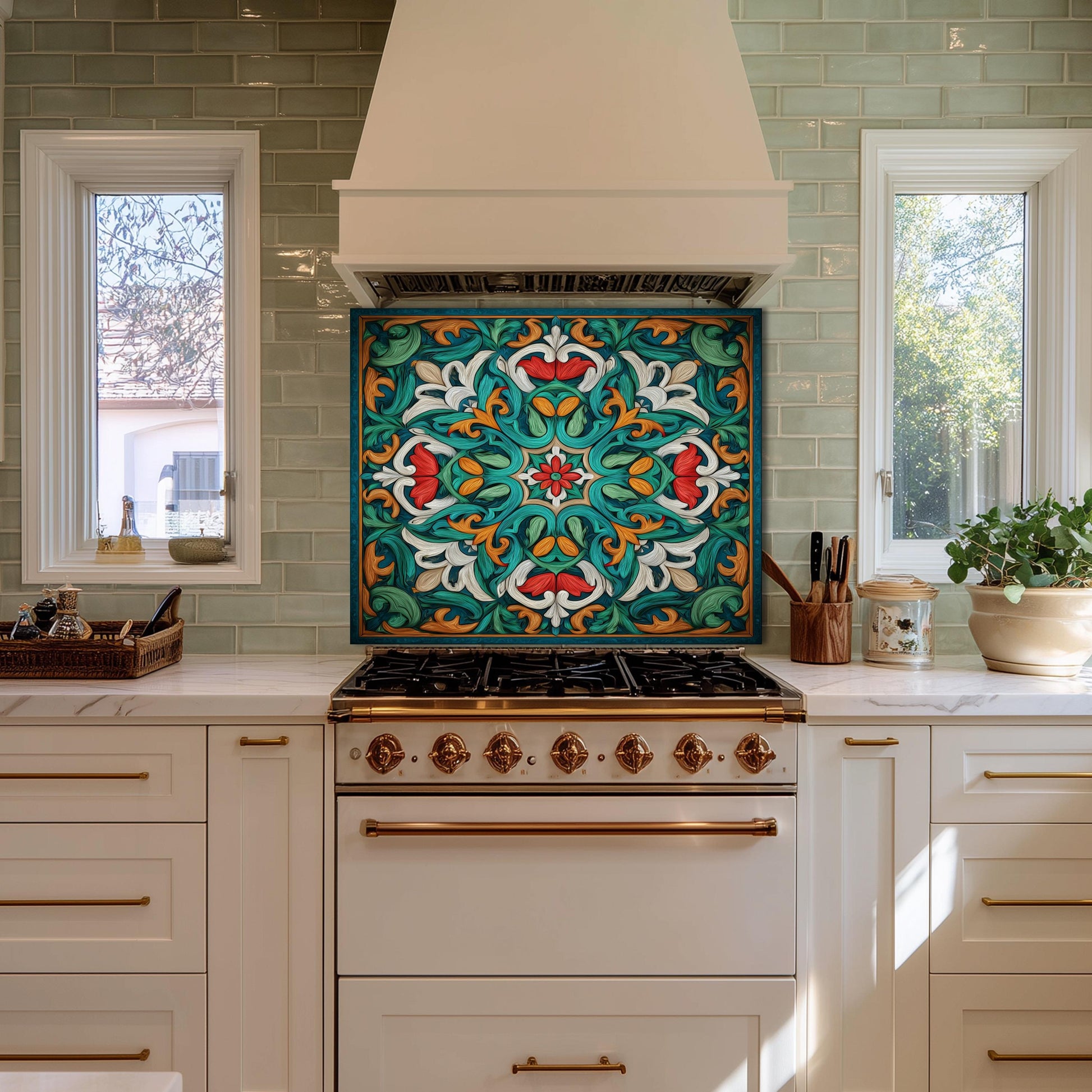 Ornate Acanthus Mandala Glass Backsplash, Stained Glass Style Stove Panel, Custom Size Art