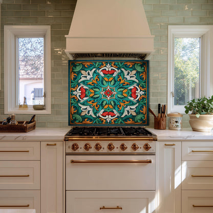 Ornate Acanthus Mandala Glass Backsplash, Stained Glass Style Stove Panel, Custom Size Art