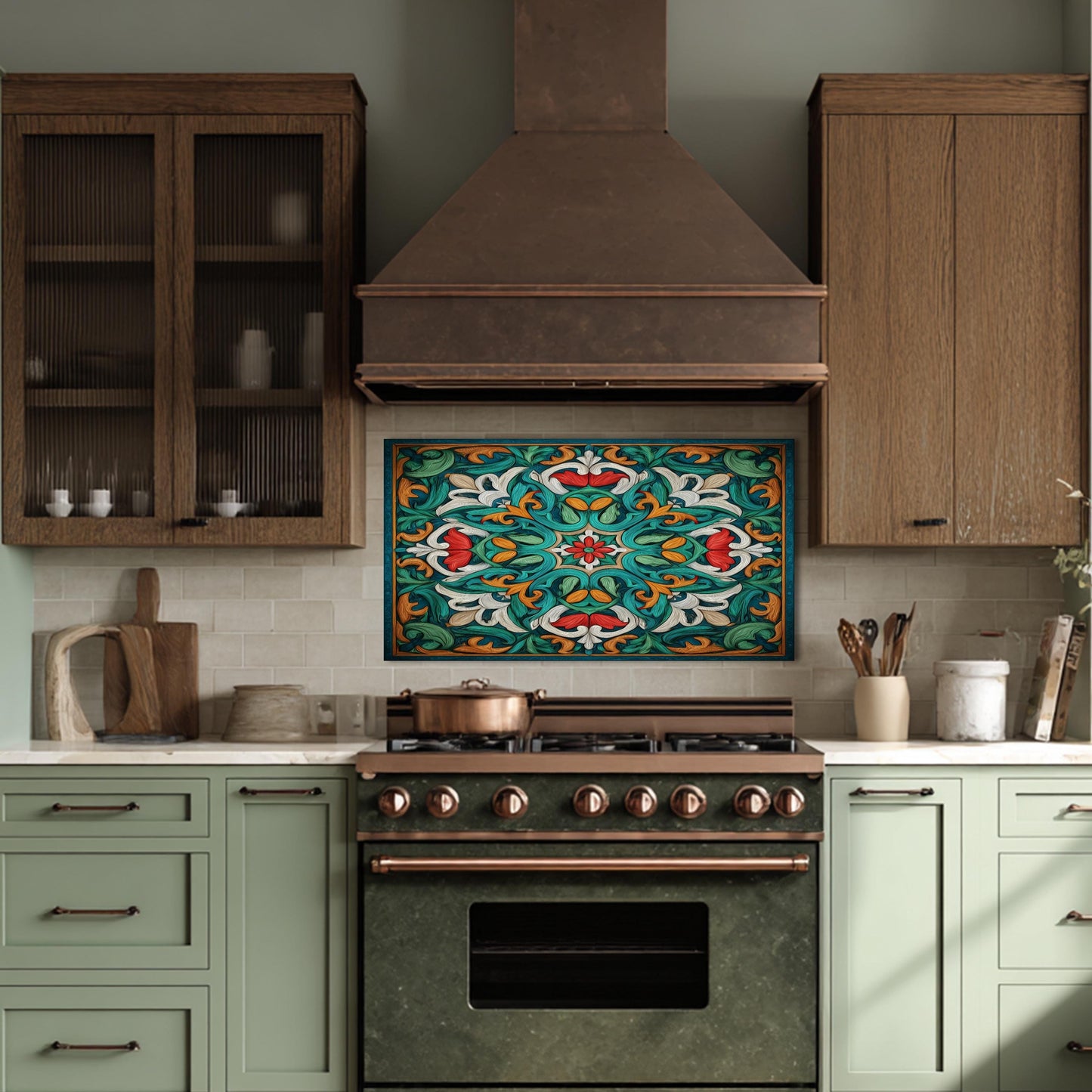 Ornate Acanthus Mandala Glass Backsplash, Stained Glass Style Stove Panel, Custom Size Art