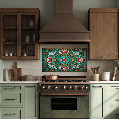 Ornate Acanthus Mandala Glass Backsplash, Stained Glass Style Stove Panel, Custom Size Art