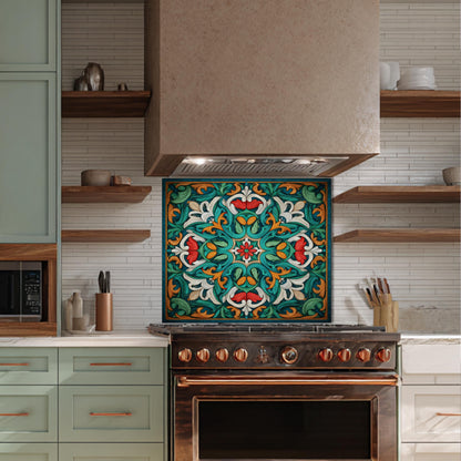 Ornate Acanthus Mandala Glass Backsplash, Stained Glass Style Stove Panel, Custom Size Art