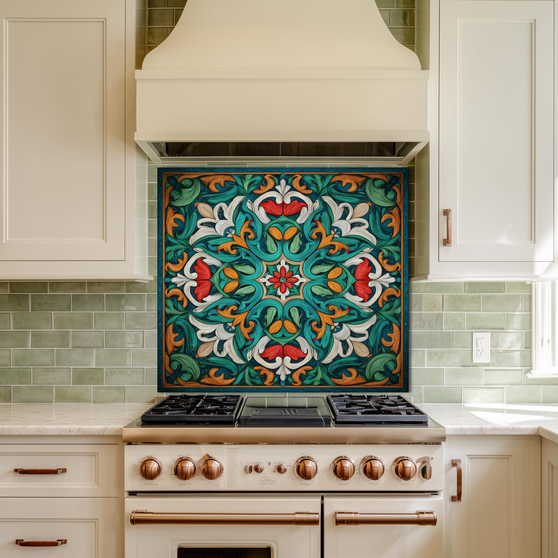 Ornate Acanthus Mandala Glass Backsplash, Stained Glass Style Stove Panel, Custom Size Art