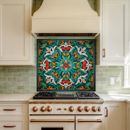 Ornate Acanthus Mandala Glass Backsplash, Stained Glass Style Stove Panel, Custom Size Art