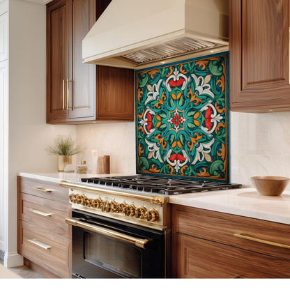 Ornate Acanthus Mandala Glass Backsplash, Stained Glass Style Stove Panel, Custom Size Art