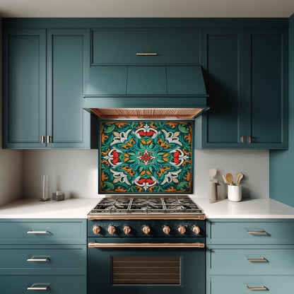 Ornate Acanthus Mandala Glass Backsplash, Stained Glass Style Stove Panel, Custom Size Art