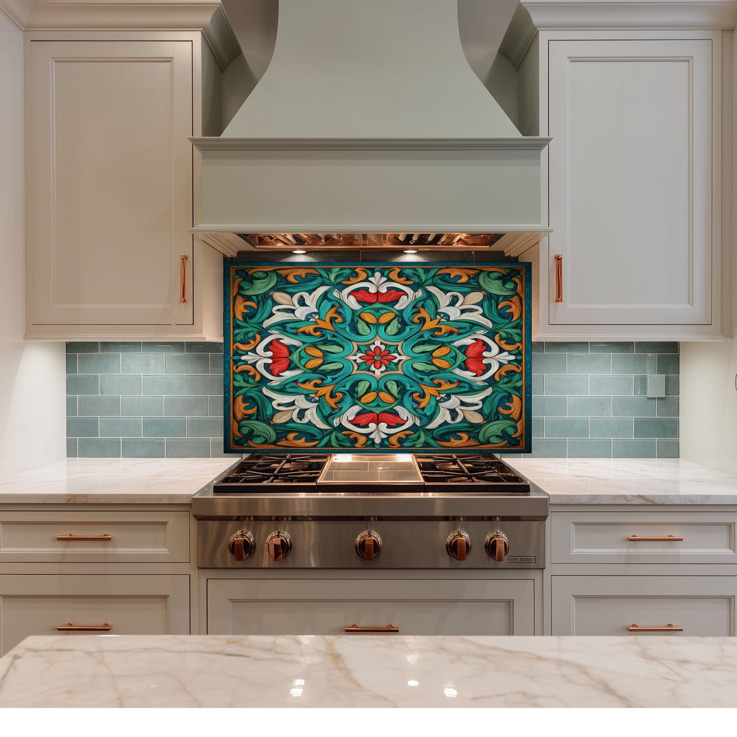 Ornate Acanthus Mandala Glass Backsplash, Stained Glass Style Stove Panel, Custom Size Art