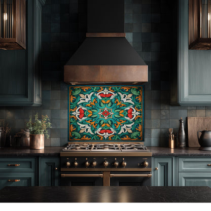 Ornate Acanthus Mandala Glass Backsplash, Stained Glass Style Stove Panel, Custom Size Art