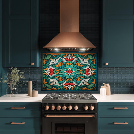 Ornate Acanthus Mandala Glass Backsplash, Stained Glass Style Stove Panel, Custom Size Art
