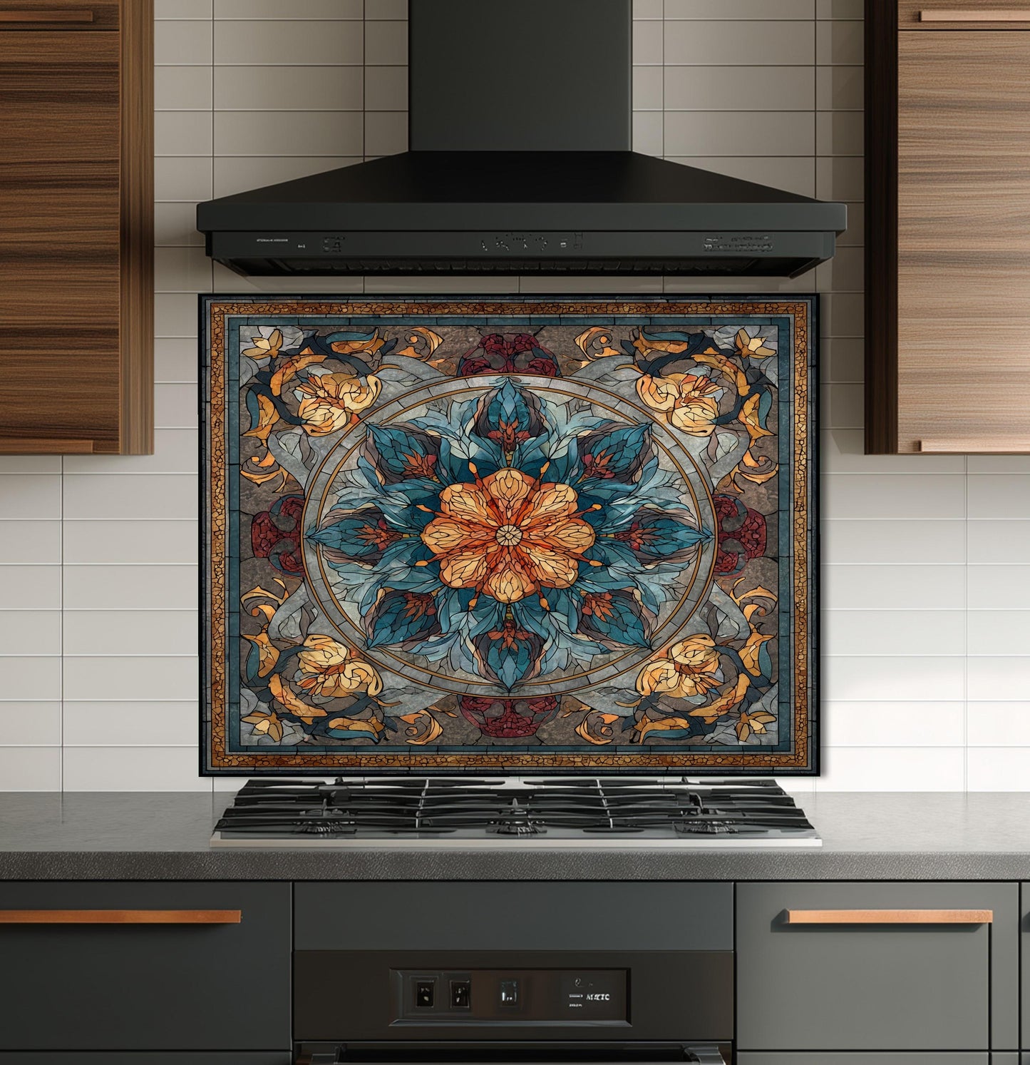 Stained Glass Style Kitchen Backsplash, Floral Mandala Tempered Glass, Ornate Mosaic Wall Art