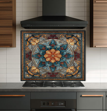 Stained Glass Style Kitchen Backsplash, Floral Mandala Tempered Glass, Ornate Mosaic Wall Art