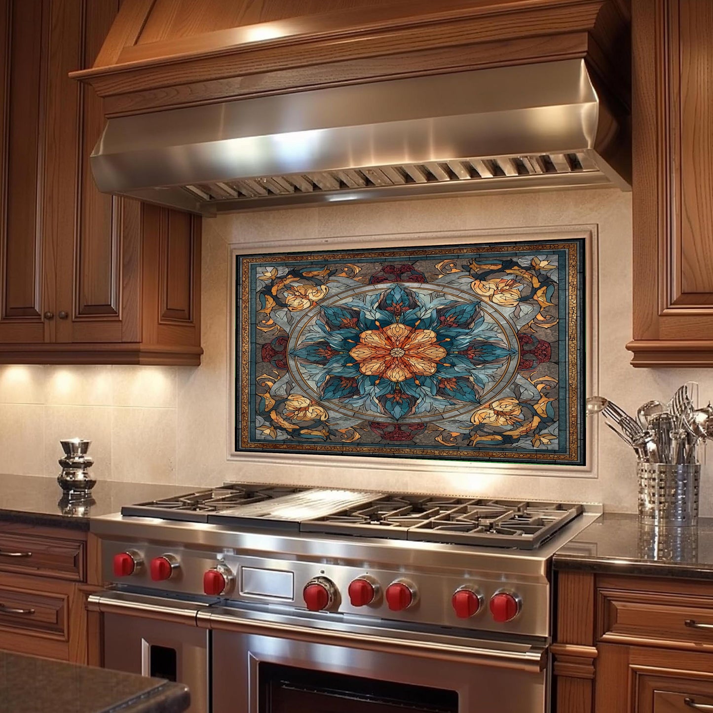 Stained Glass Style Kitchen Backsplash, Floral Mandala Tempered Glass, Ornate Mosaic Wall Art