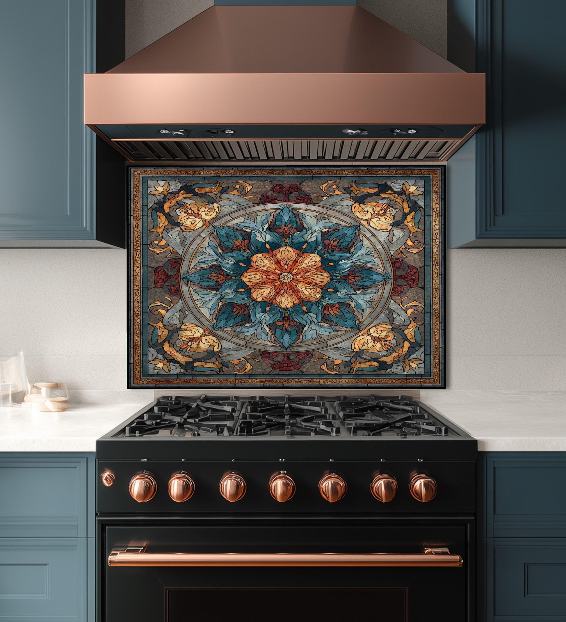 Stained Glass Style Kitchen Backsplash, Floral Mandala Tempered Glass, Ornate Mosaic Wall Art