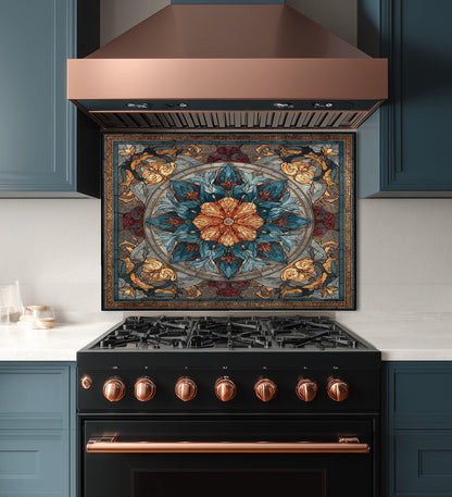 Stained Glass Style Kitchen Backsplash, Floral Mandala Tempered Glass, Ornate Mosaic Wall Art