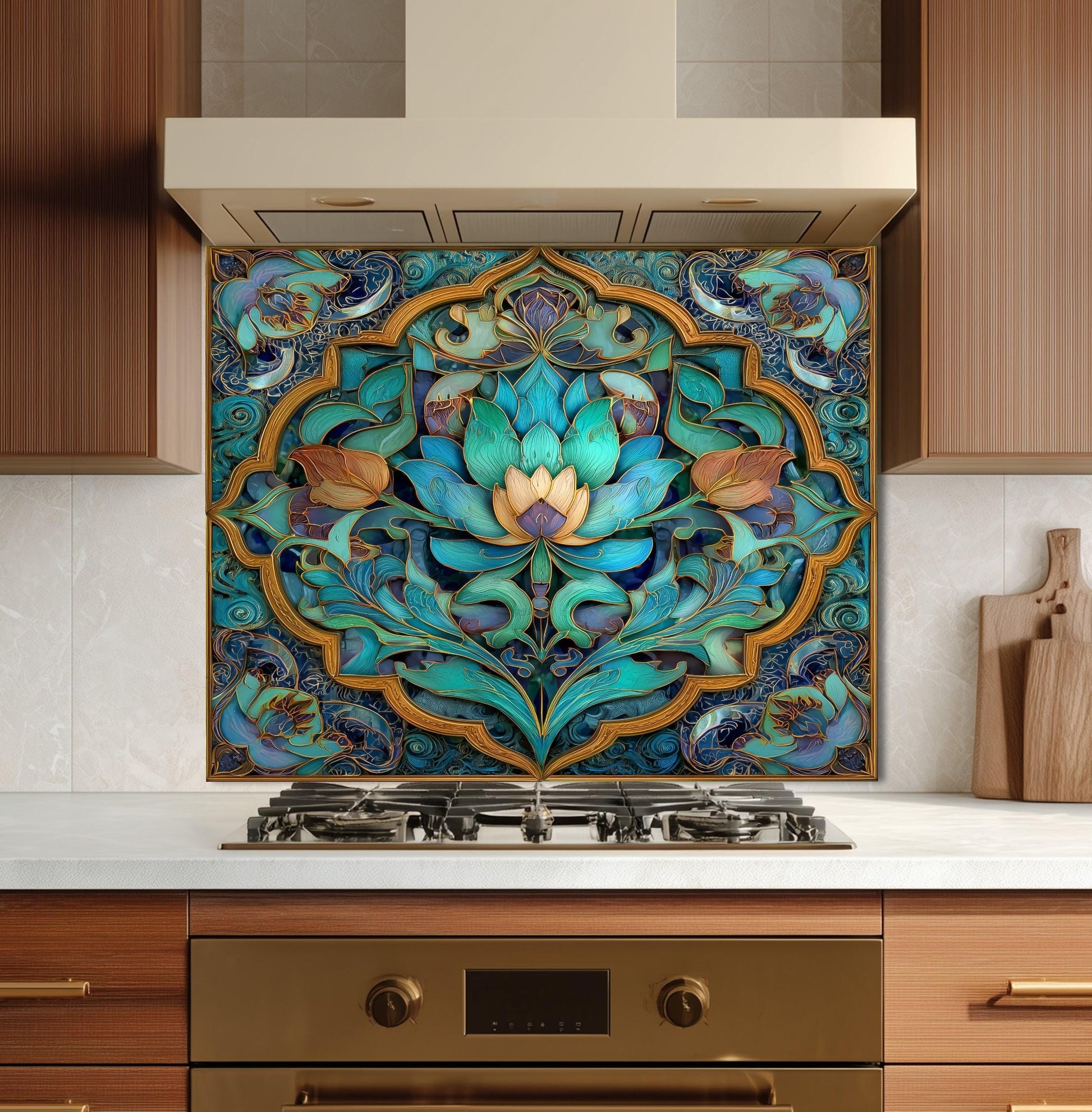 Ornate Floral Mandala Glass Backsplash, Turquoise Lotus Stove Panel, Custom Size Design