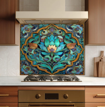 Ornate Floral Mandala Glass Backsplash, Turquoise Lotus Stove Panel, Custom Size Design