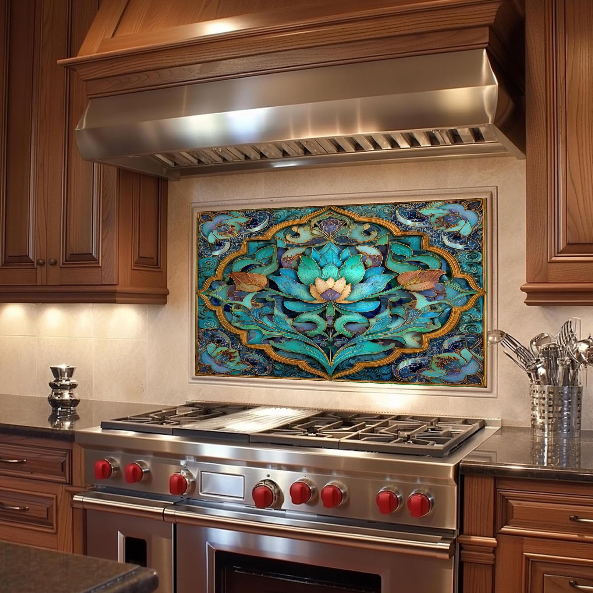Ornate Floral Mandala Glass Backsplash, Turquoise Lotus Stove Panel, Custom Size Design