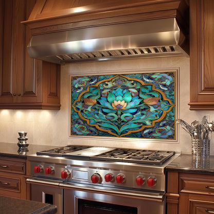 Ornate Floral Mandala Glass Backsplash, Turquoise Lotus Stove Panel, Custom Size Design