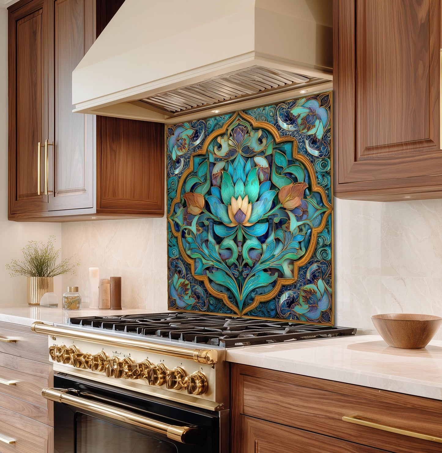 Ornate Floral Mandala Glass Backsplash, Turquoise Lotus Stove Panel, Custom Size Design