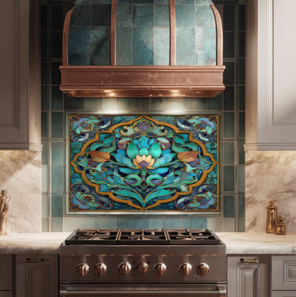Ornate Floral Mandala Glass Backsplash, Turquoise Lotus Stove Panel, Custom Size Design