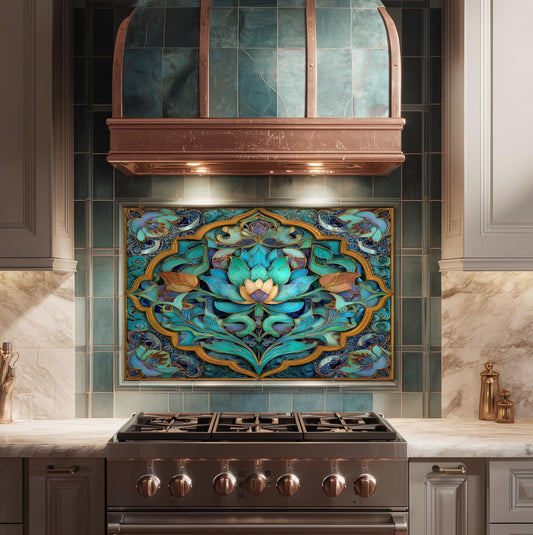 Ornate Floral Mandala Glass Backsplash, Turquoise Lotus Stove Panel, Custom Size Design