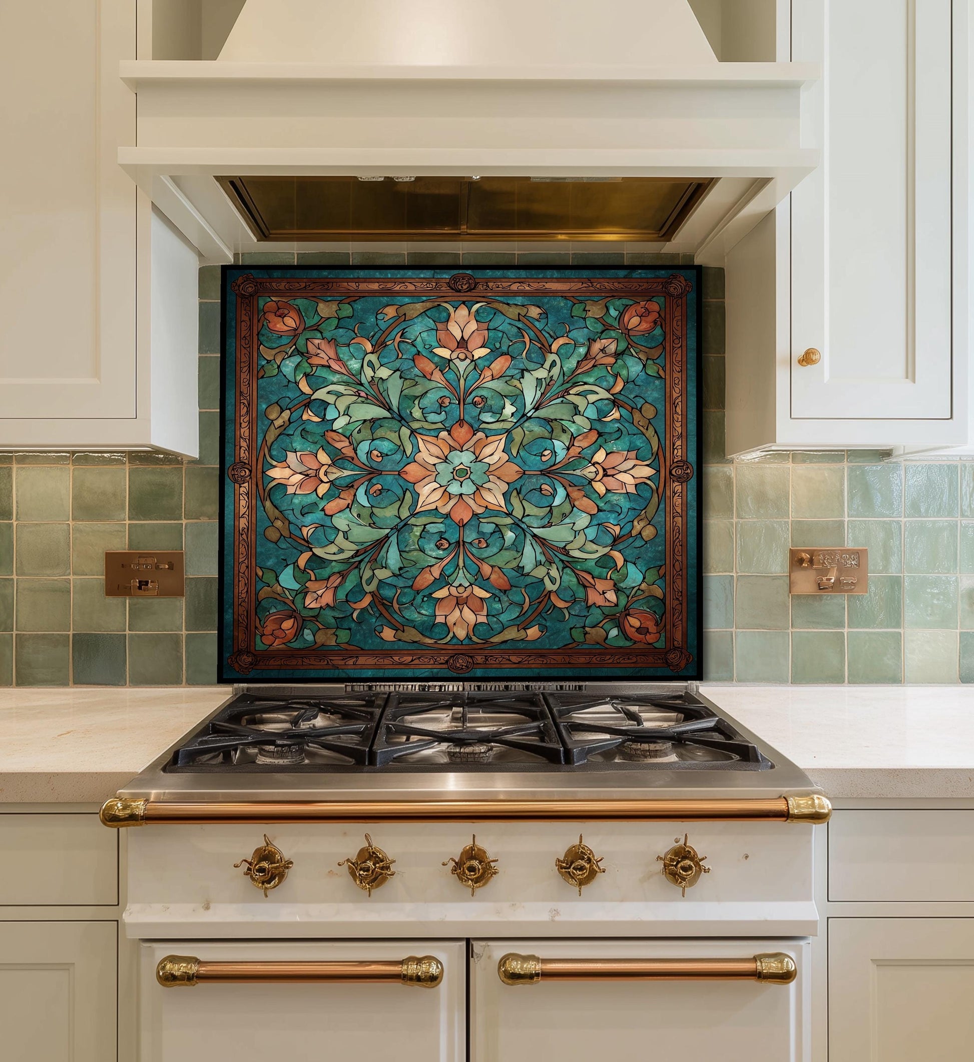 Kaleidoscope Stained Glass Backsplash, Ornate Teal Mandala Wall Art, Custom Size Stove Panel