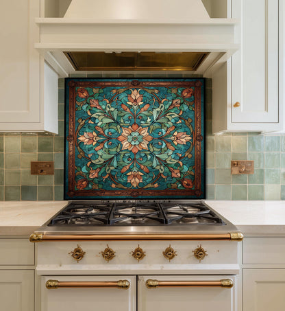 Kaleidoscope Stained Glass Backsplash, Ornate Teal Mandala Wall Art, Custom Size Stove Panel