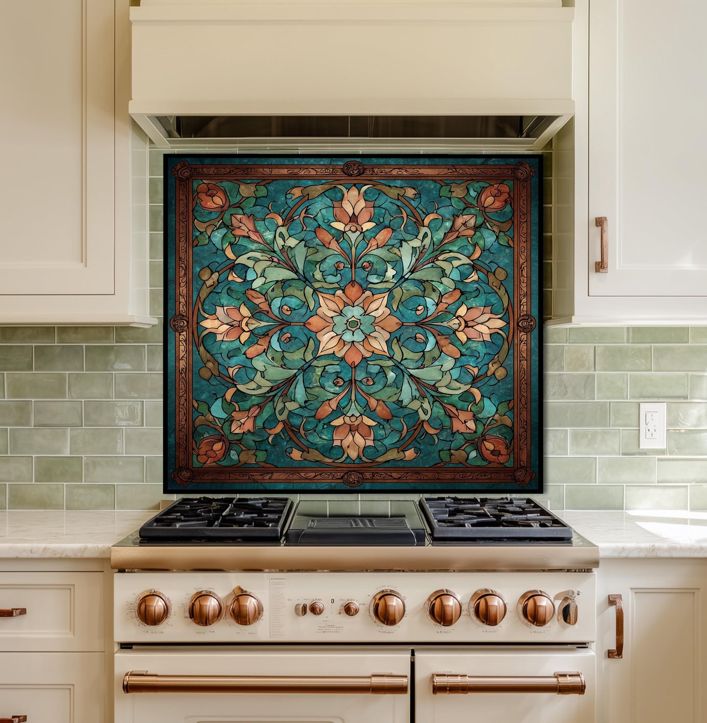 Kaleidoscope Stained Glass Backsplash, Ornate Teal Mandala Wall Art, Custom Size Stove Panel