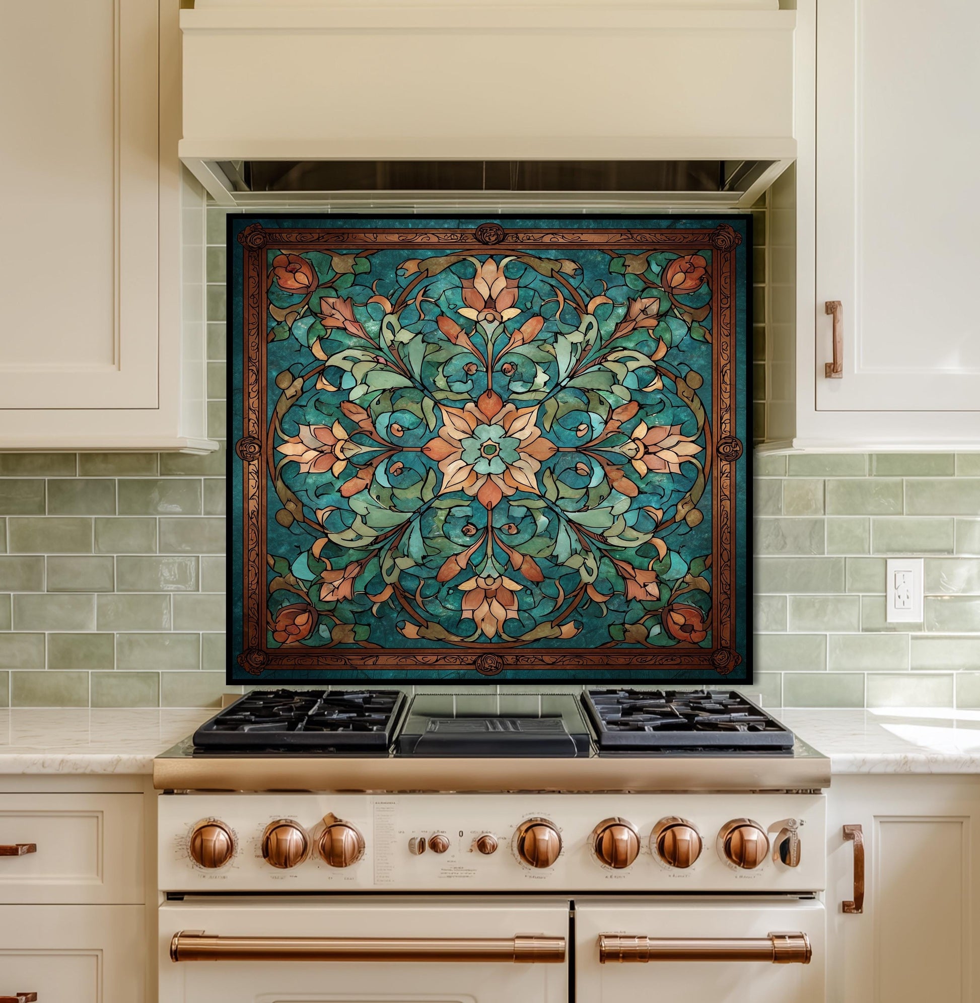 Kaleidoscope Stained Glass Backsplash, Ornate Teal Mandala Wall Art, Custom Size Stove Panel