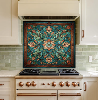 Kaleidoscope Stained Glass Backsplash, Ornate Teal Mandala Wall Art, Custom Size Stove Panel