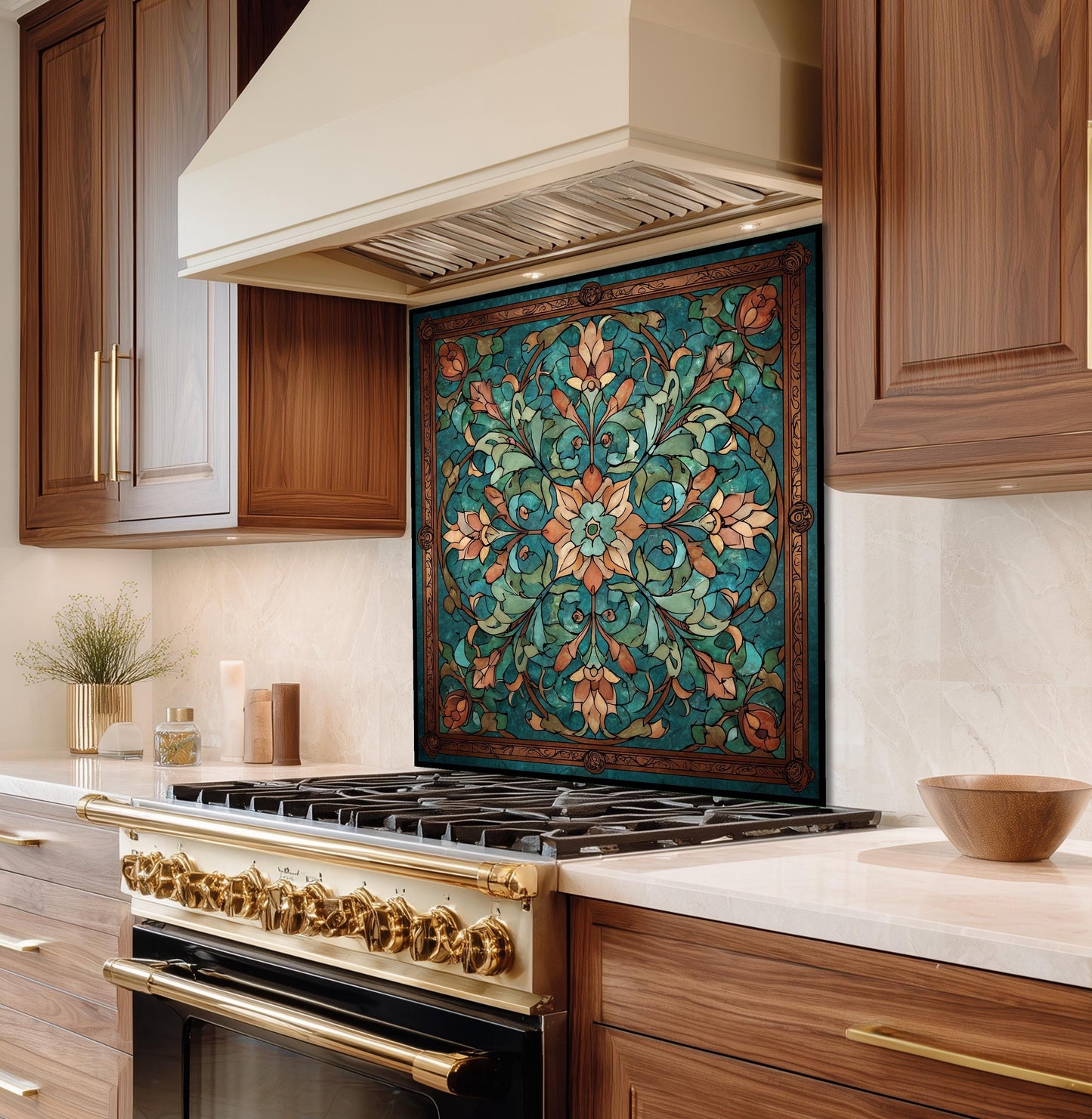 Kaleidoscope Stained Glass Backsplash, Ornate Teal Mandala Wall Art, Custom Size Stove Panel