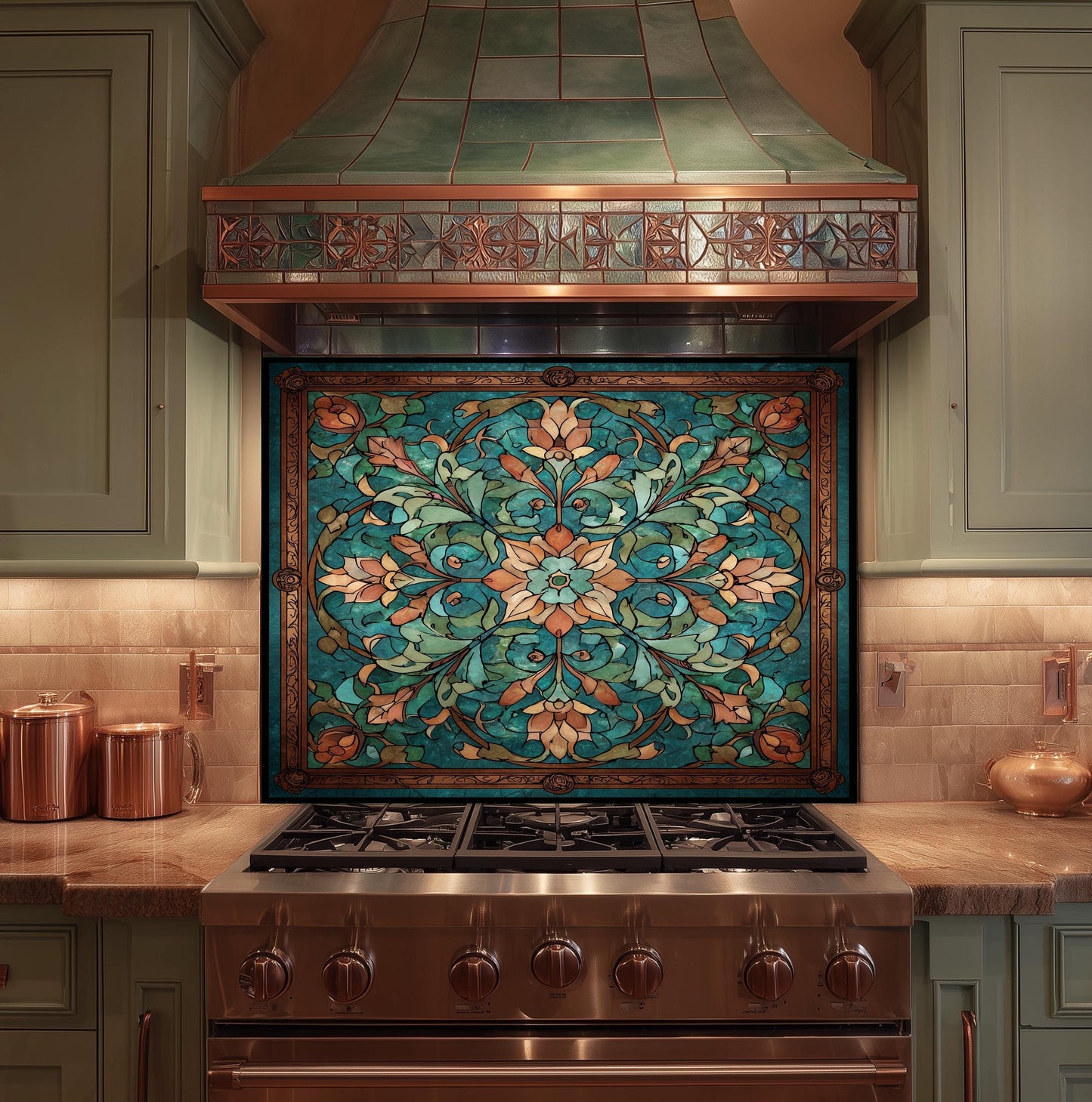 Kaleidoscope Stained Glass Backsplash, Ornate Teal Mandala Wall Art, Custom Size Stove Panel