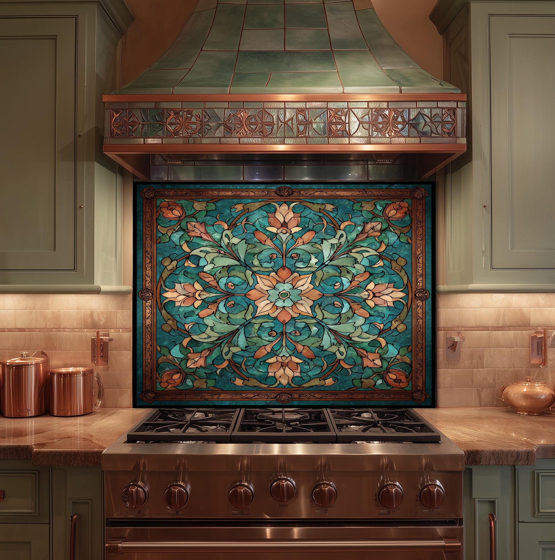 Kaleidoscope Stained Glass Backsplash, Ornate Teal Mandala Wall Art, Custom Size Stove Panel