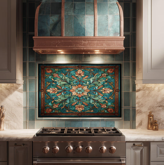 Kaleidoscope Stained Glass Backsplash, Ornate Teal Mandala Wall Art, Custom Size Stove Panel