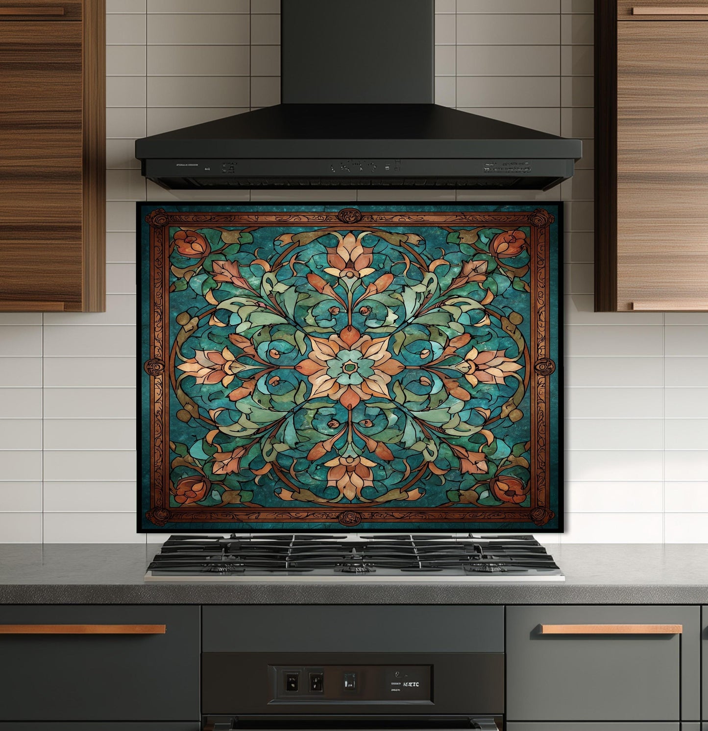 Kaleidoscope Stained Glass Backsplash, Ornate Teal Mandala Wall Art, Custom Size Stove Panel