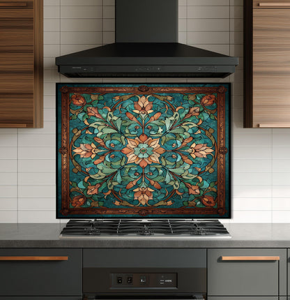 Kaleidoscope Stained Glass Backsplash, Ornate Teal Mandala Wall Art, Custom Size Stove Panel