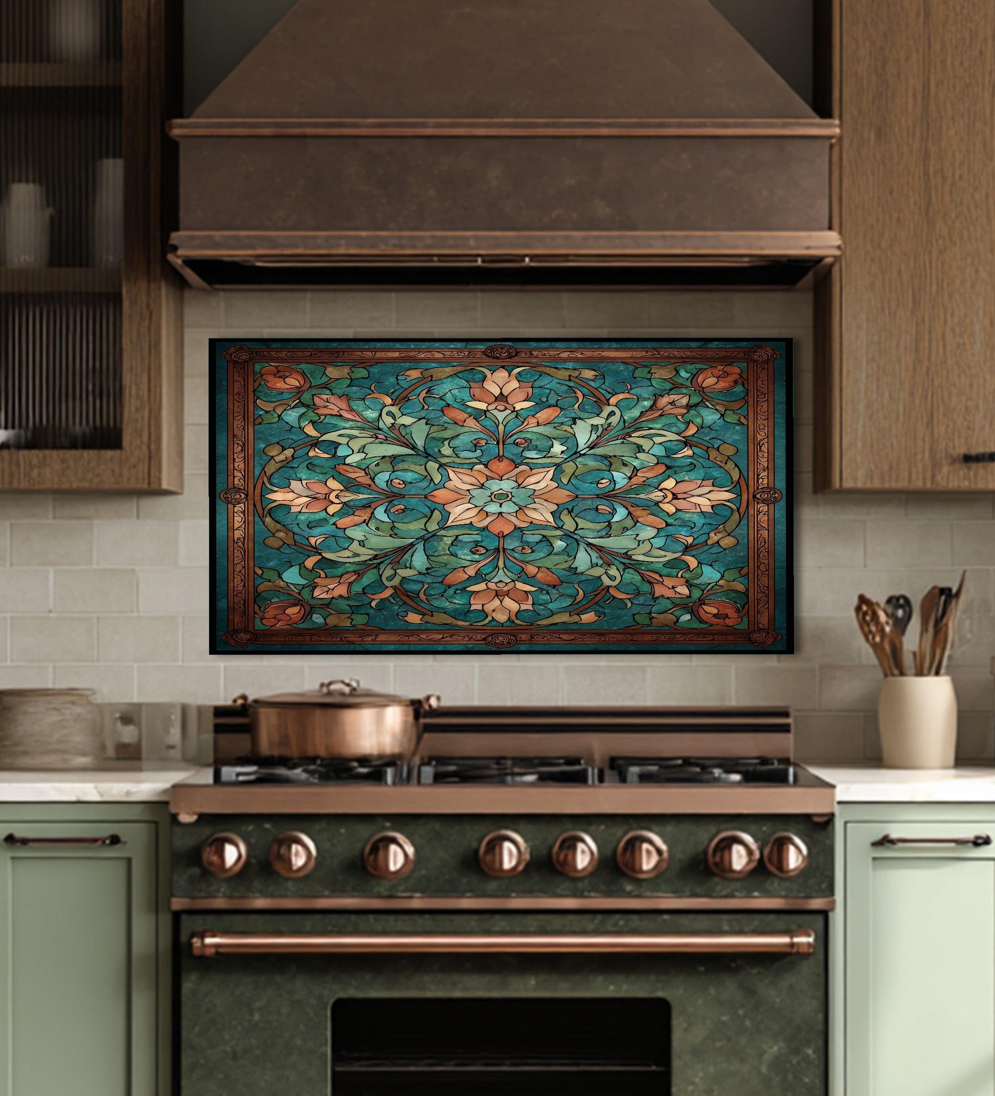 Kaleidoscope Stained Glass Backsplash, Ornate Teal Mandala Wall Art, Custom Size Stove Panel