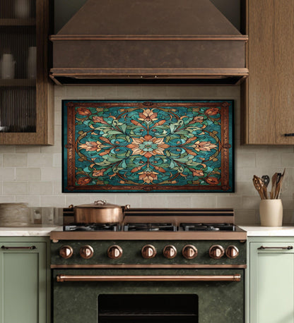 Kaleidoscope Stained Glass Backsplash, Ornate Teal Mandala Wall Art, Custom Size Stove Panel