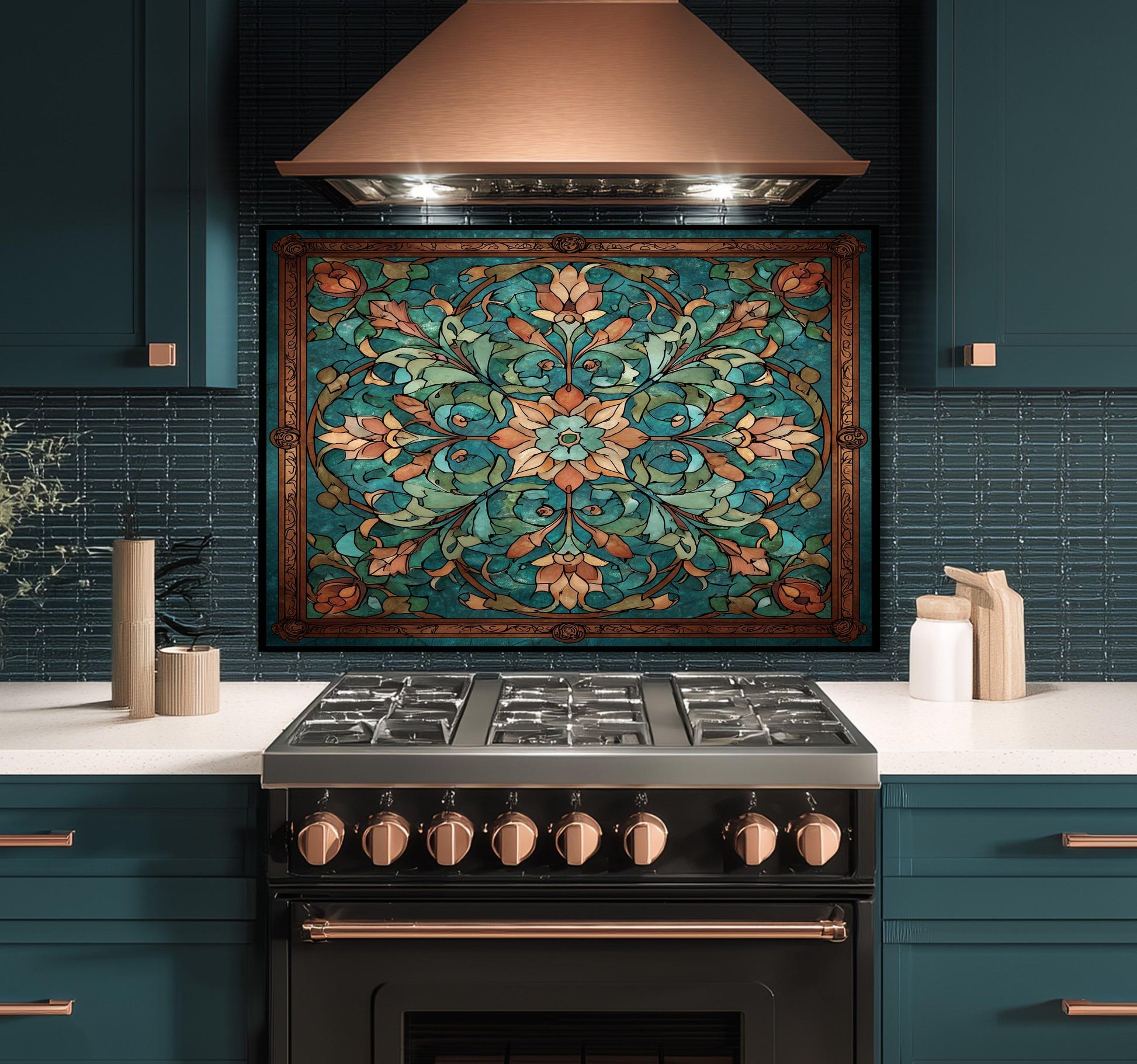 Kaleidoscope Stained Glass Backsplash, Ornate Teal Mandala Wall Art, Custom Size Stove Panel