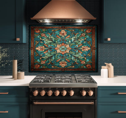 Kaleidoscope Stained Glass Backsplash, Ornate Teal Mandala Wall Art, Custom Size Stove Panel