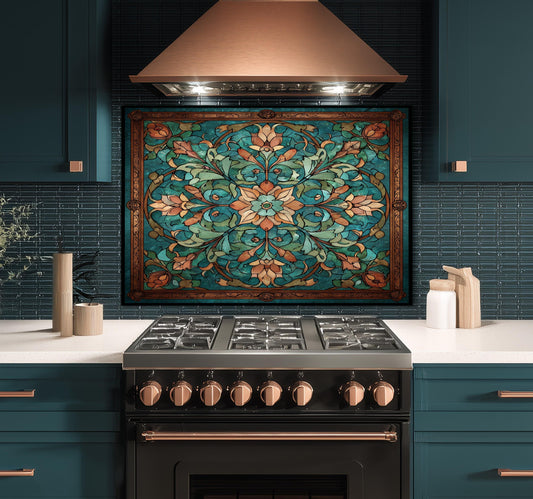 Kaleidoscope Stained Glass Backsplash, Ornate Teal Mandala Wall Art, Custom Size Stove Panel