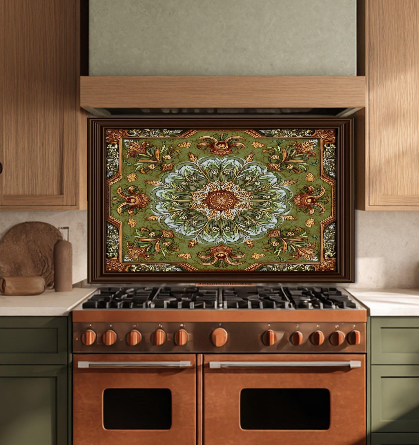 Ornate Lotus Mandala Glass Backsplash, Sage Green Floral Stove Panel, Custom Size Art