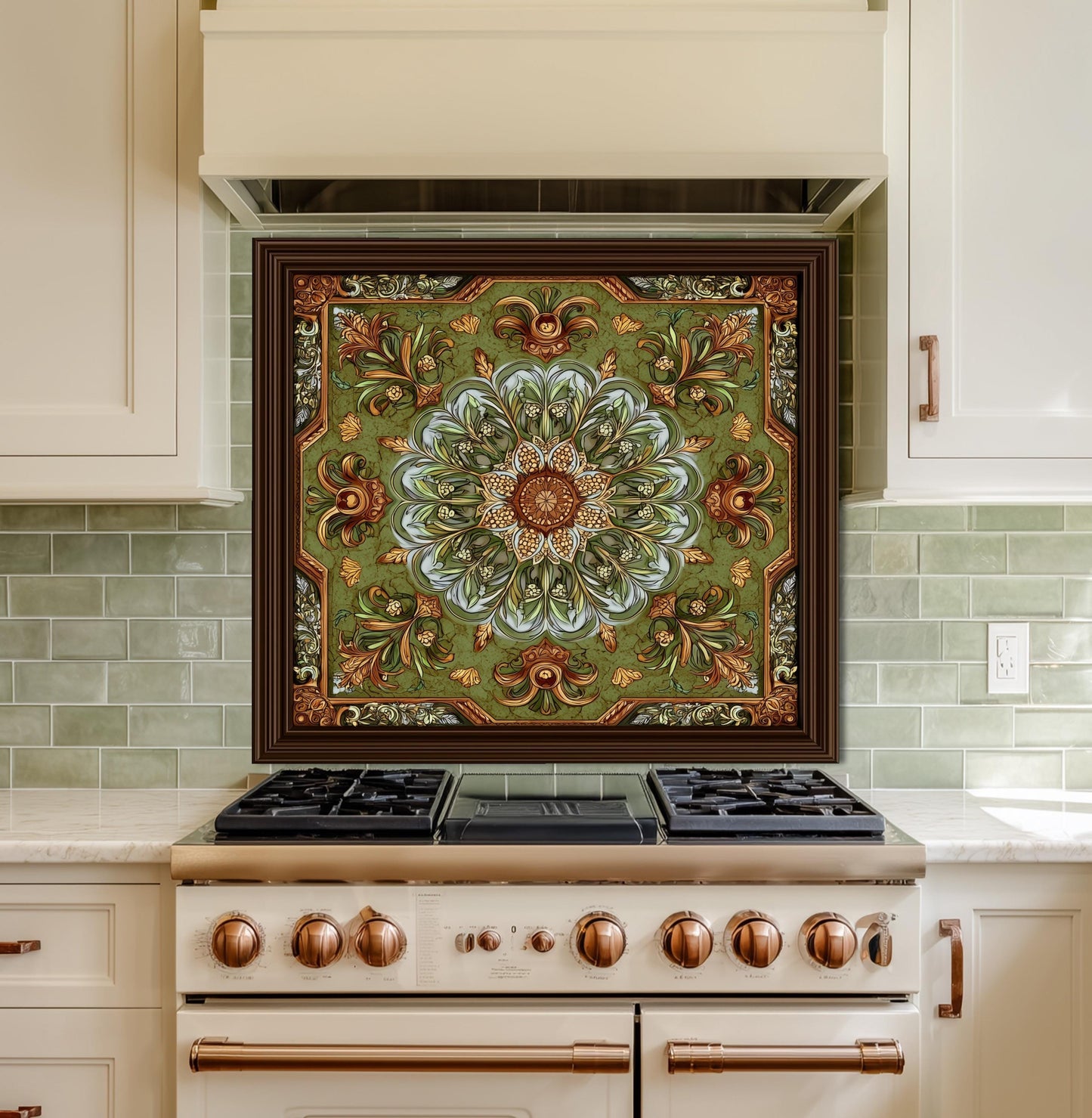 Ornate Lotus Mandala Glass Backsplash, Sage Green Floral Stove Panel, Custom Size Art