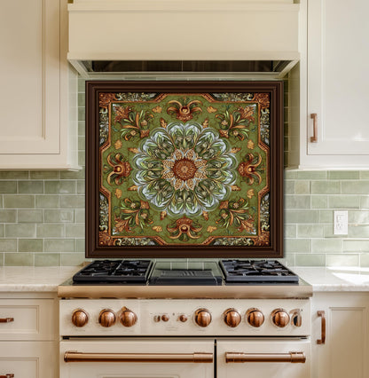 Ornate Lotus Mandala Glass Backsplash, Sage Green Floral Stove Panel, Custom Size Art